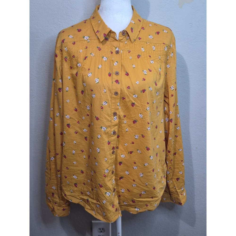 Maeve by Anthropologie Floral Button Front Shirt Sz 10 Mustard Boho Cottagecore